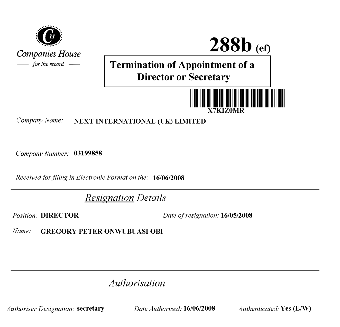 Form 288b received 16 June 2008 giving 16 May 2008 as the resignation date of director Gregory Peter Onwubuasi Obi