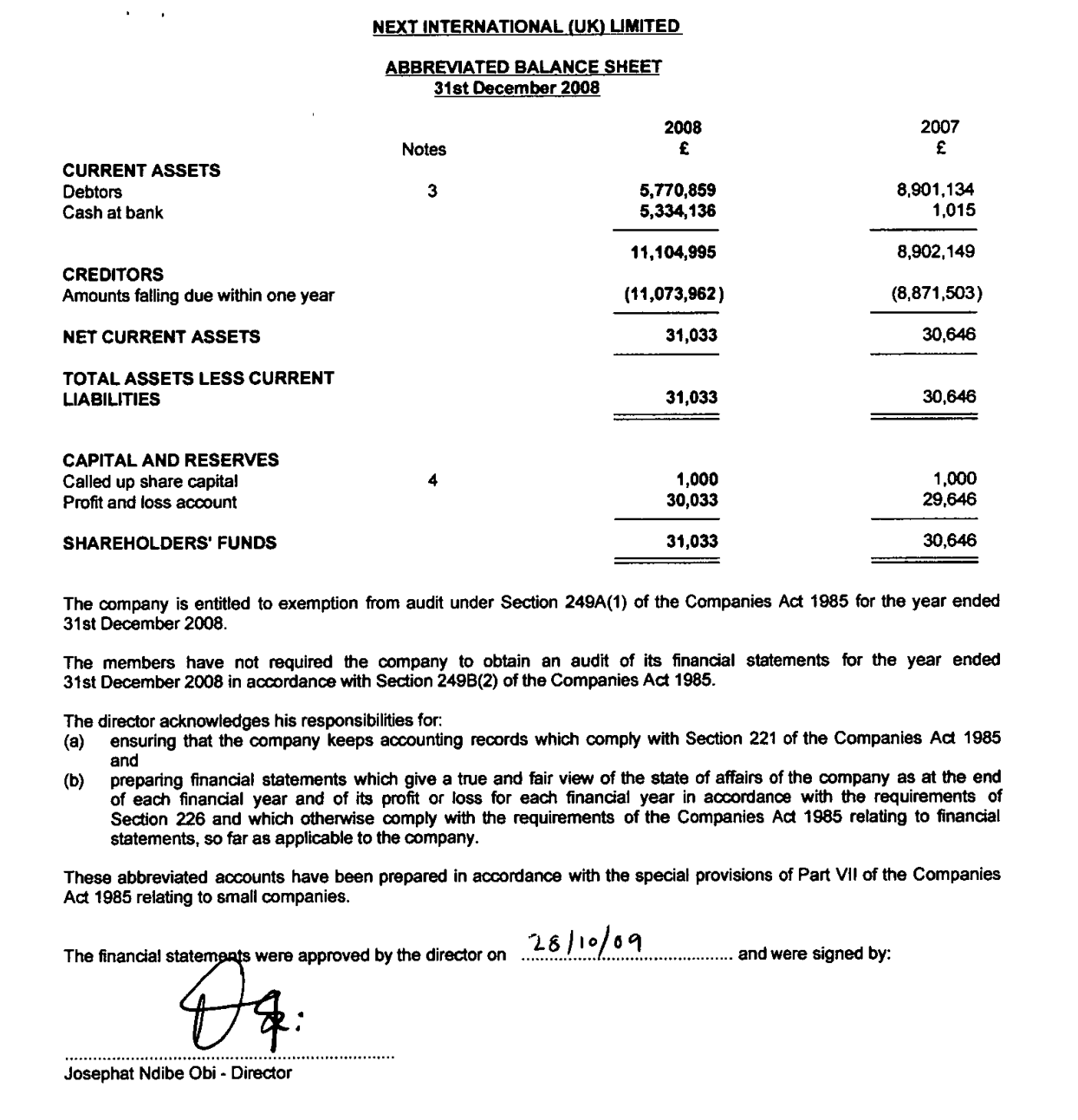 Balance sheet at 31 December 2008 showing current assets of £11,104,995, cash at bank of £5,334,136 and creditors of £11,073,962