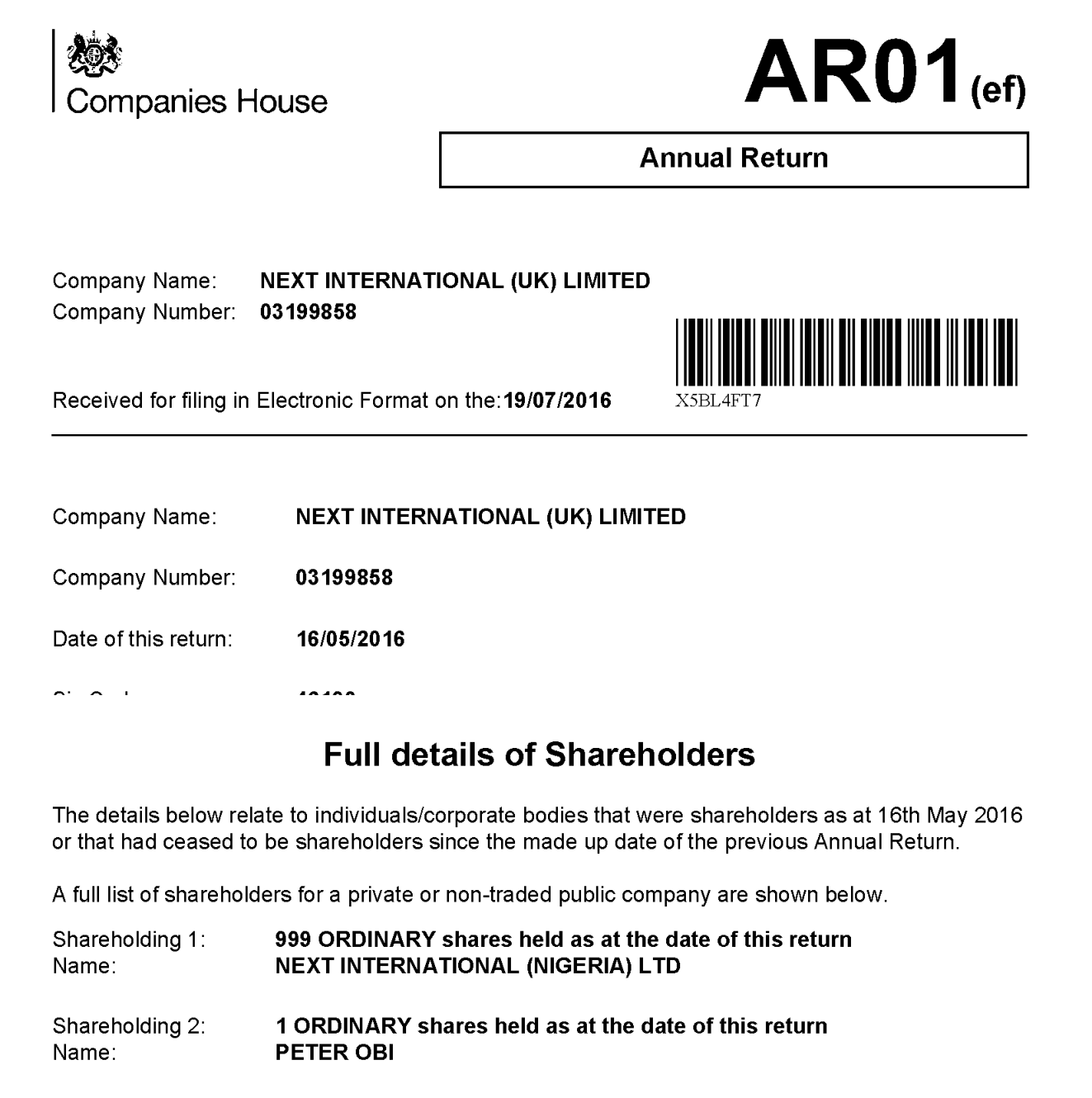 Annual return made up to 16 May 2016 listing Peter Obi as holder of one ordinary share
