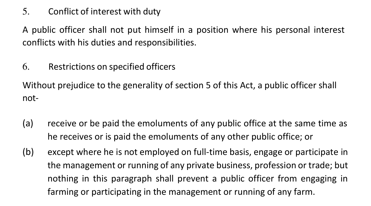 Code of Conduct Bureau and Tribunal Act, section 6(b): a public officer shall not engage or participate in the management or running of any private business