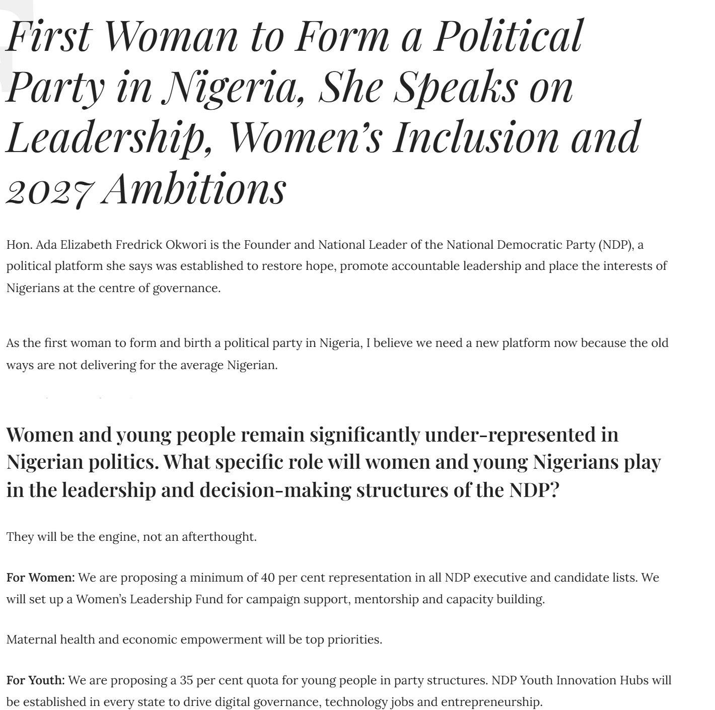 Document: Women News Today interview headline and the passages where Okwori calls herself the first woman to form a party and proposes a minimum of 40 per cent women on all NDP executive and candidate lists