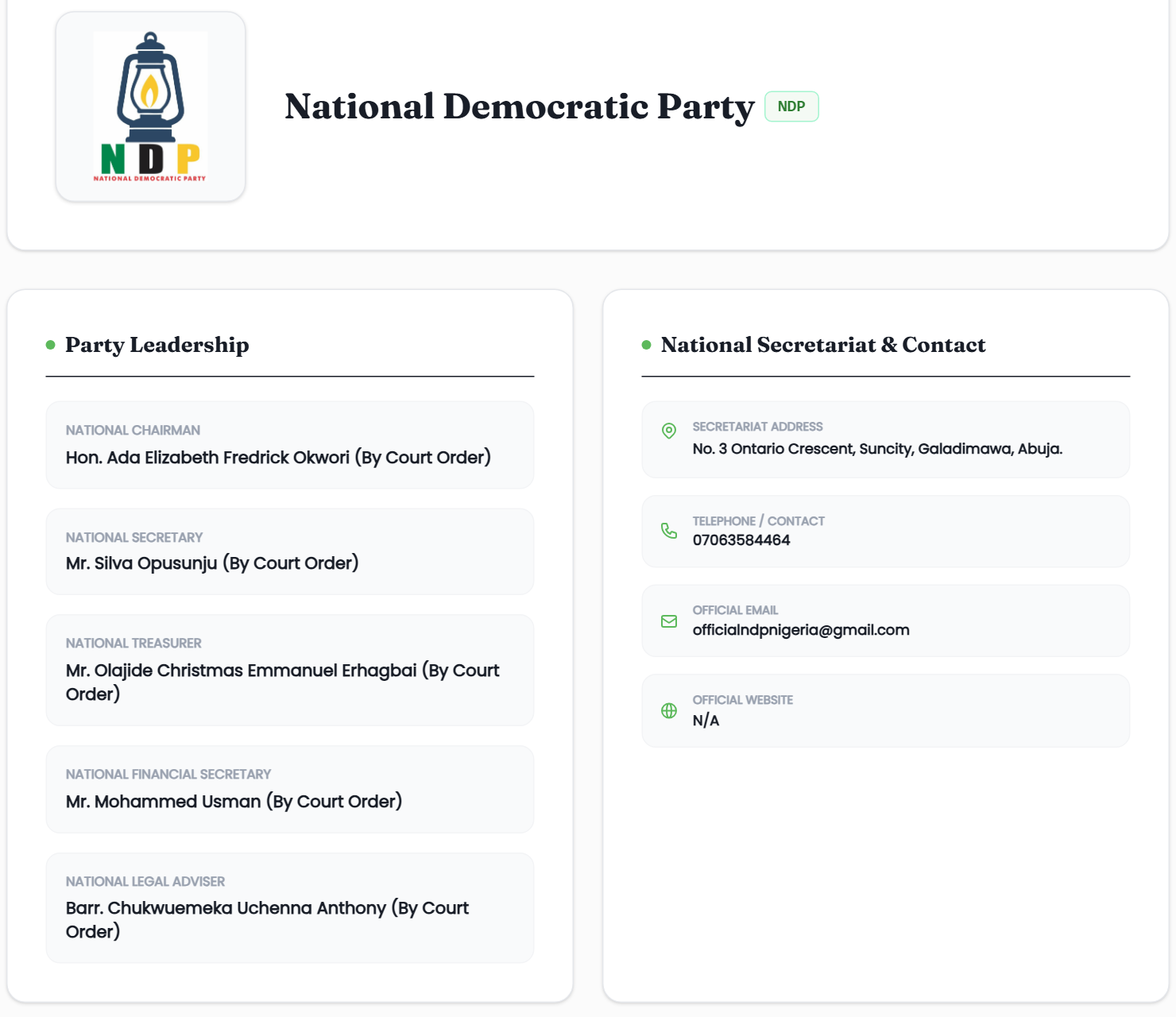 Document: INEC register page for the National Democratic Party listing five national officers, all by court order, one of them a woman