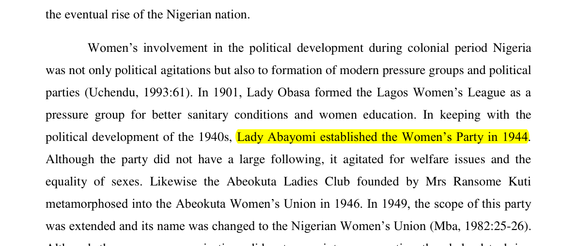 Document: passage from a conference paper hosted by INEC stating that Lady Abayomi established the Women's Party in 1944