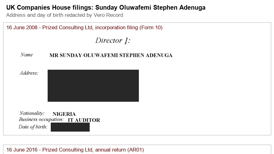 Document: Three Companies House filings for Sunday Oluwafemi Adenuga: 2008 incorporation says Nationality NIGERIA, 2016 annual return says NIGERIAN, June 2017 FSA Property incorporation says BRITISH