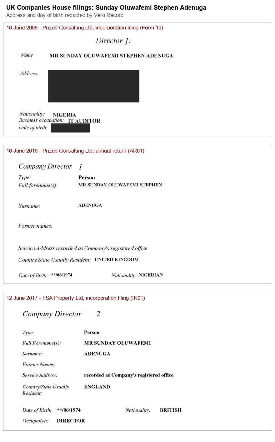 Three Companies House filings for Sunday Oluwafemi Adenuga: 2008 incorporation says Nationality NIGERIA, 2016 annual return says NIGERIAN, June 2017 FSA Property incorporation says BRITISH
