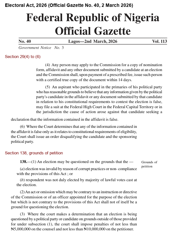 Electoral Act 2026, Official Gazette No. 40: section 29(4) to (6) on affidavits and aspirant suits, and section 138 grounds of petition