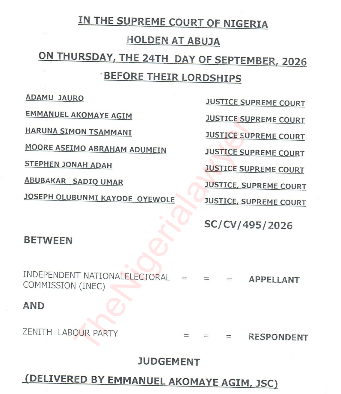 First page of the Supreme Court judgment in SC/CV/495/2026, INEC v Zenith Labour Party, delivered 24 September 2026, listing the seven justices