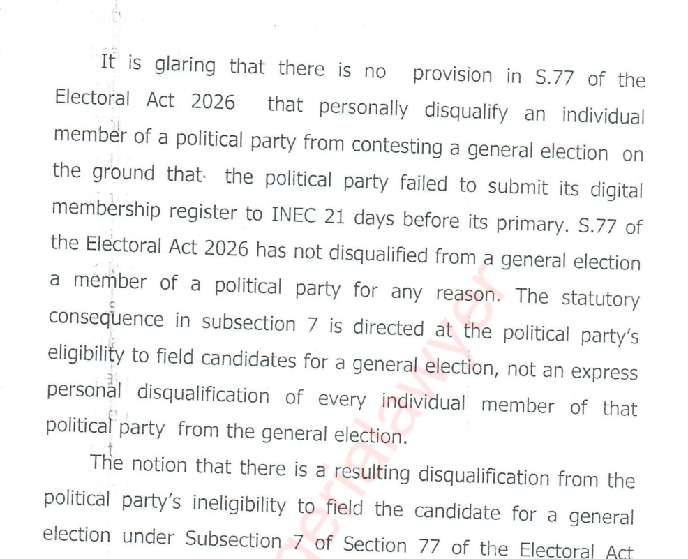 Page 23 of the judgment: no provision in section 77 personally disqualifies an individual; the consequence in subsection 7 is directed at the party