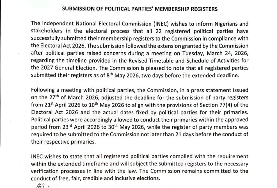 INEC release of 15 May 2026: all 22 registered parties submitted membership registers as of 8 May 2026 and complied within the extended timeframe