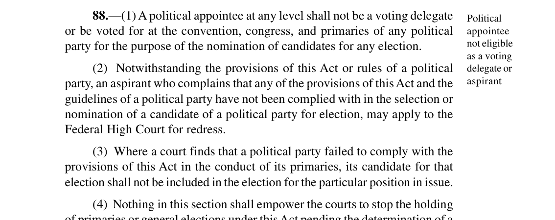 Section 88(2) and (3) of the Electoral Act 2026: an aspirant may apply to the Federal High Court; where a court finds non-compliance, the candidate is excluded