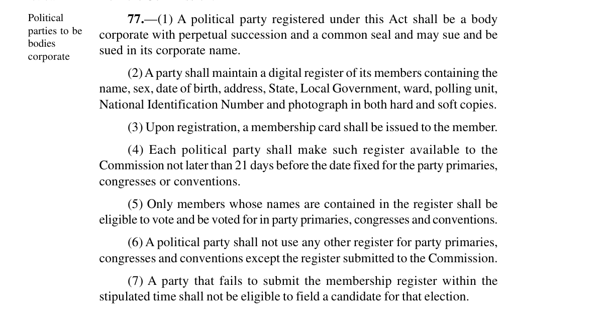 Section 77 of the Electoral Act 2026, subsections 1 to 7, on party membership registers