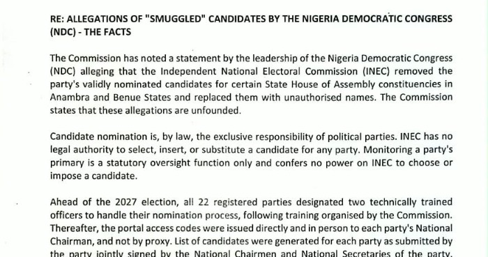 INEC release of 1 September 2026: candidate nomination is the exclusive responsibility of parties and INEC has no authority to select or substitute candidates