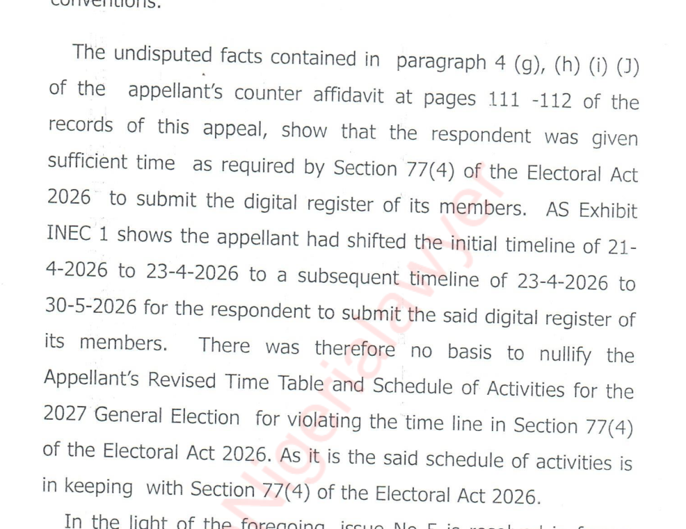 Page 34 of the judgment describing Exhibit INEC 1 as shifting the register timeline to 23 April to 30 May 2026
