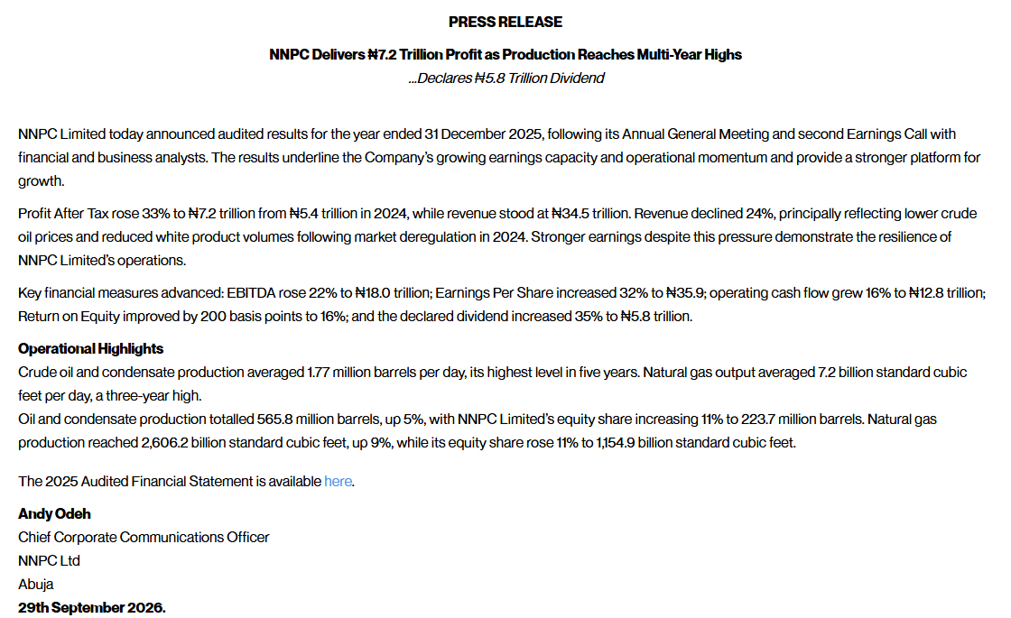 Excerpts from NNPC's press release of 29 September 2026: crude oil and condensate production averaged 1.77 million barrels per day; total 565.8 million barrels