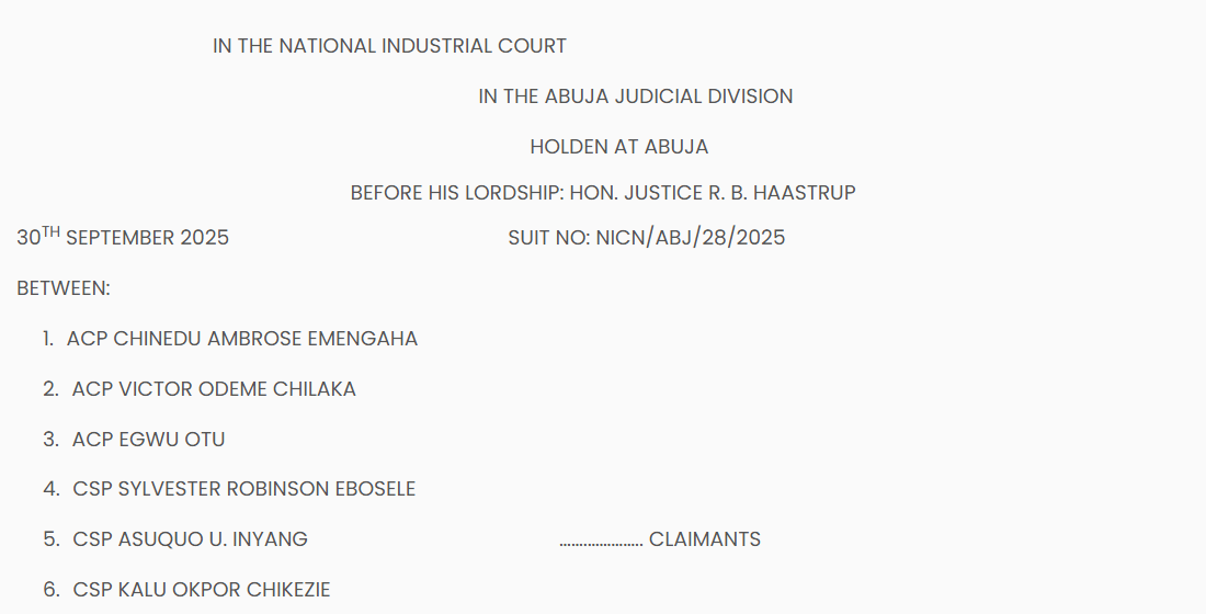 Heading of the National Industrial Court judgment in Suit No. NICN/ABJ/28/2025, Abuja Judicial Division, before Justice R. B. Haastrup, 30 September 2025, listing claimants