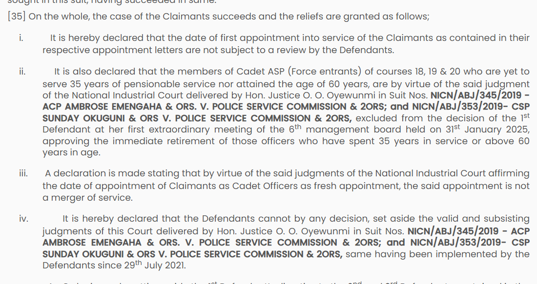 Reliefs i to iv of the 30 September 2025 judgment: declarations on the date of first appointment and exclusion from the PSC's 31 January 2025 retirement decision