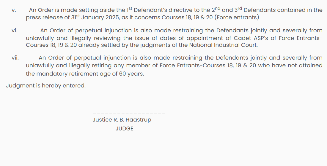 Reliefs v to vii and the judge's signature line: the PSC directive set aside for Courses 18, 19 and 20 and perpetual injunctions, with no reinstatement or salary order