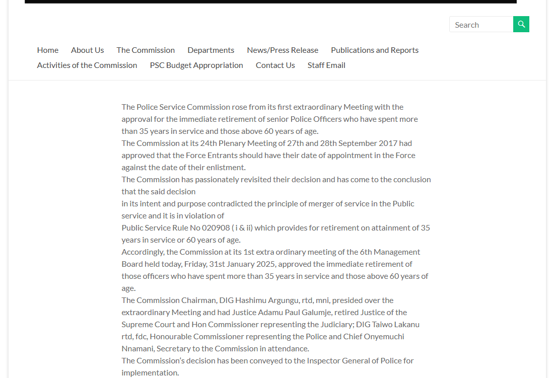 Police Service Commission release of 31 January 2025 reversing its 2017 decision on force entrants and approving immediate retirements, as still published on psc.gov.ng