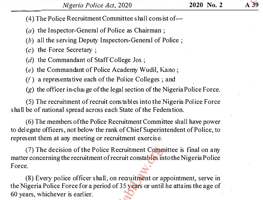 Page A39 of the Nigeria Police Act 2020 showing section 18(8): 35 years of service from recruitment or appointment, or age 60, whichever is earlier