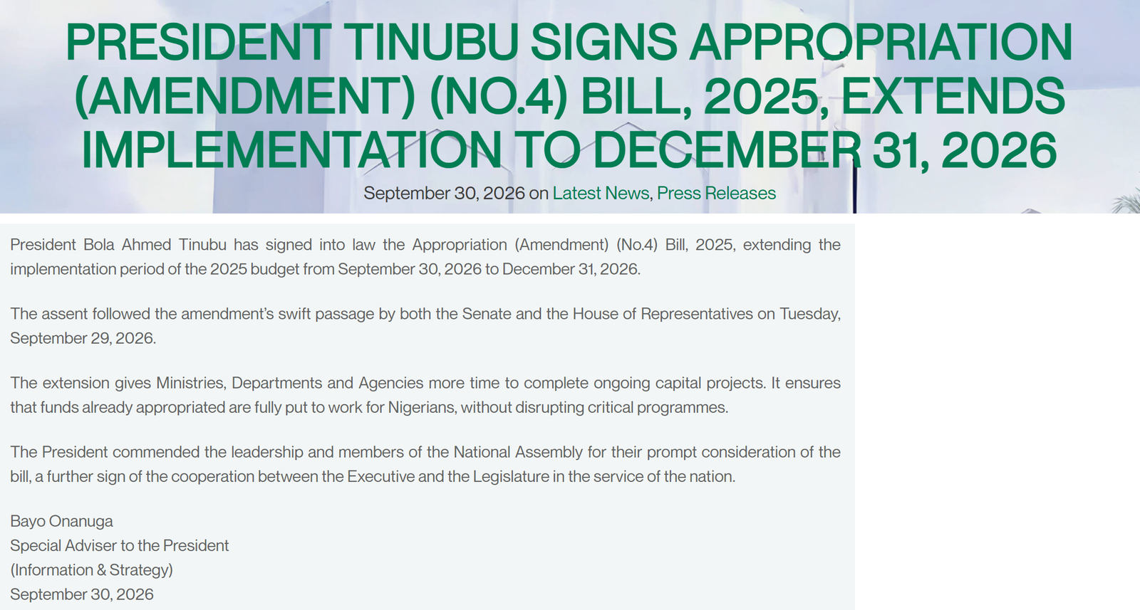 State House release of 30 September 2026: President signs Appropriation (Amendment) (No.4) Bill, 2025, extending the 2025 budget to December 31, 2026