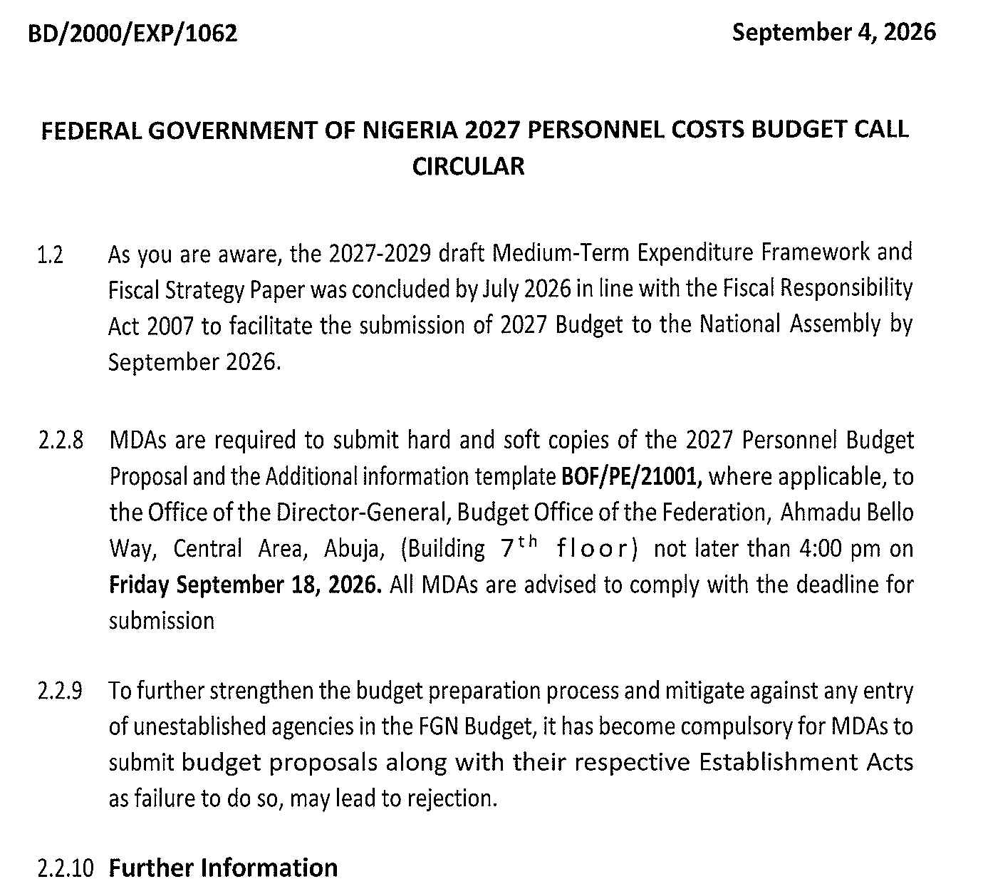 Budget Office 2027 Personnel Costs Budget Call Circular of 4 September 2026: draft 2027-2029 MTEF concluded by July 2026 for submission of the 2027 budget by September 2026; ministries' deadline 18 September; Establishment Acts now compulsory