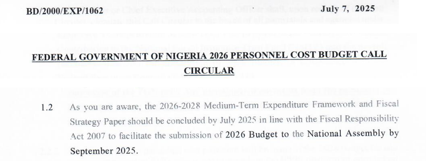 Budget Office 2026 Personnel Cost Budget Call Circular of 7 July 2025 setting the same September target for the 2026 budget