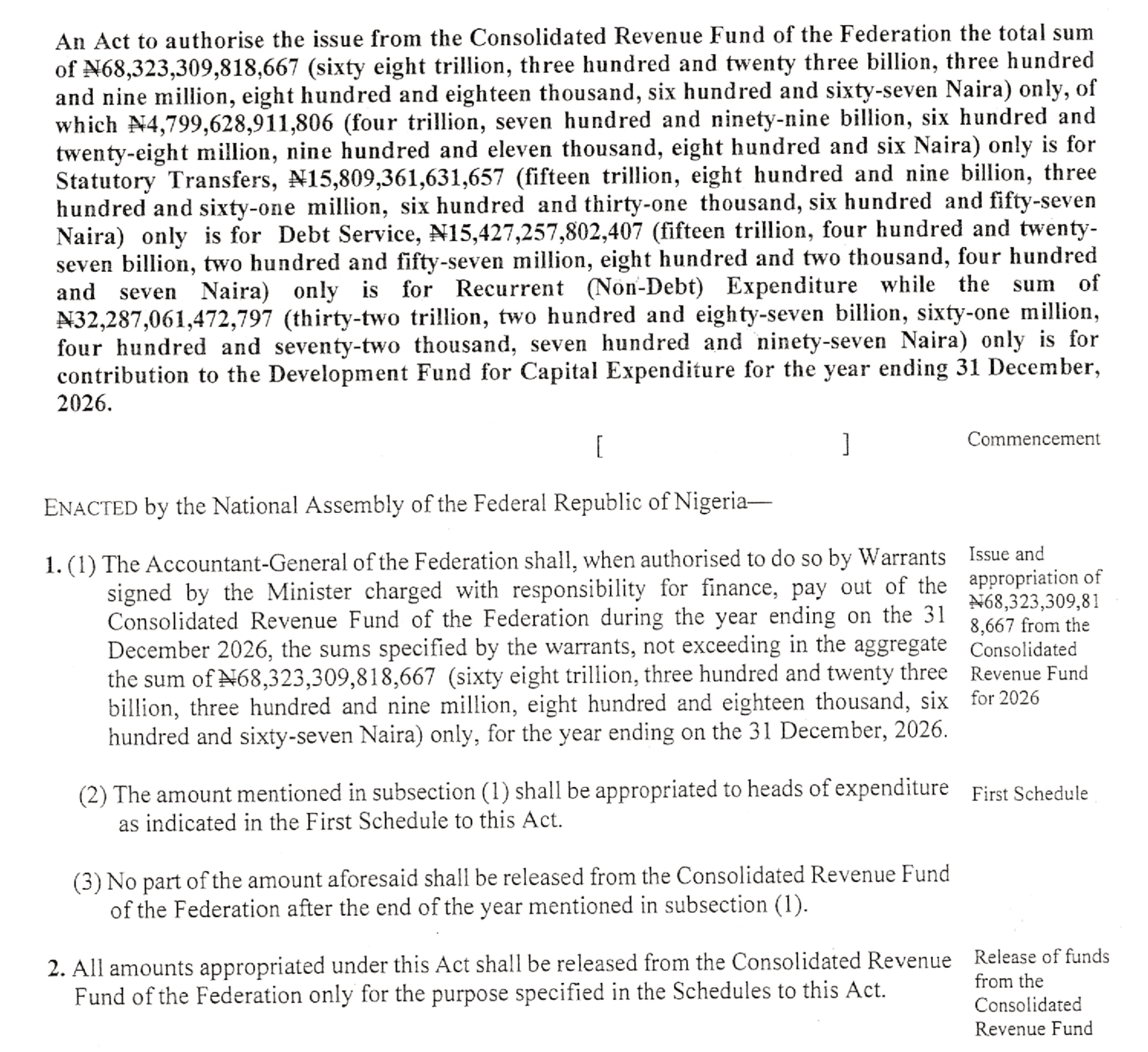 Long title and section 1 of the signed 2026 Appropriation Act: N68,323,309,818,667 for the year ending 31 December 2026, and no release after the end of that year