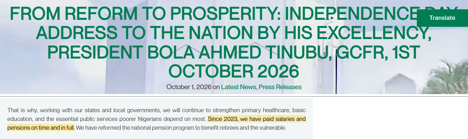 State House web page of the 1 October 2026 Independence Day address, with the sentence 'Since 2023, we have paid salaries and pensions on time and in full' highlighted