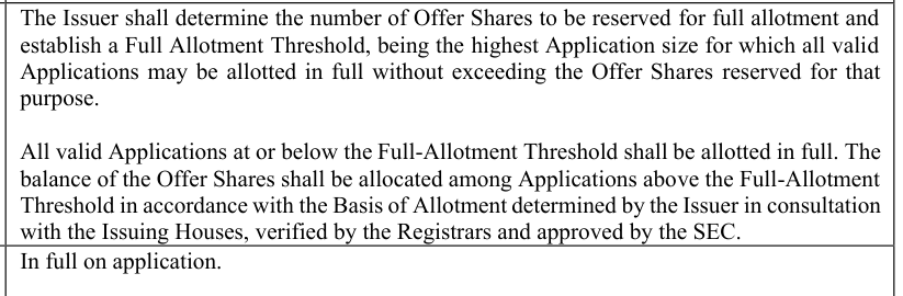 Prospectus, Allotment Methodology: all valid applications at or below the Full-Allotment Threshold shall be allotted in full