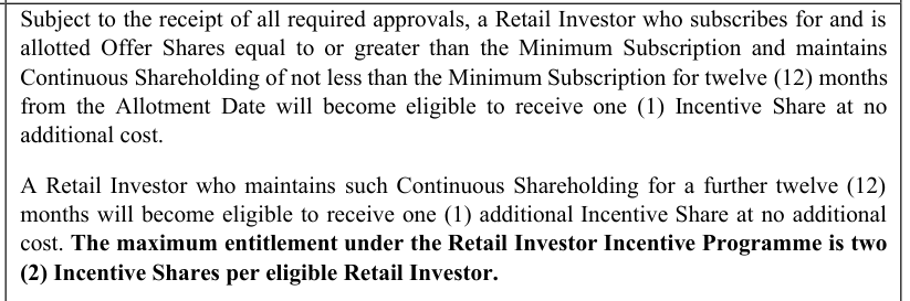 Prospectus, Retail Investor Incentive Programme: one Incentive Share after 12 months of continuous holding, a second after a further 12 months, two at most