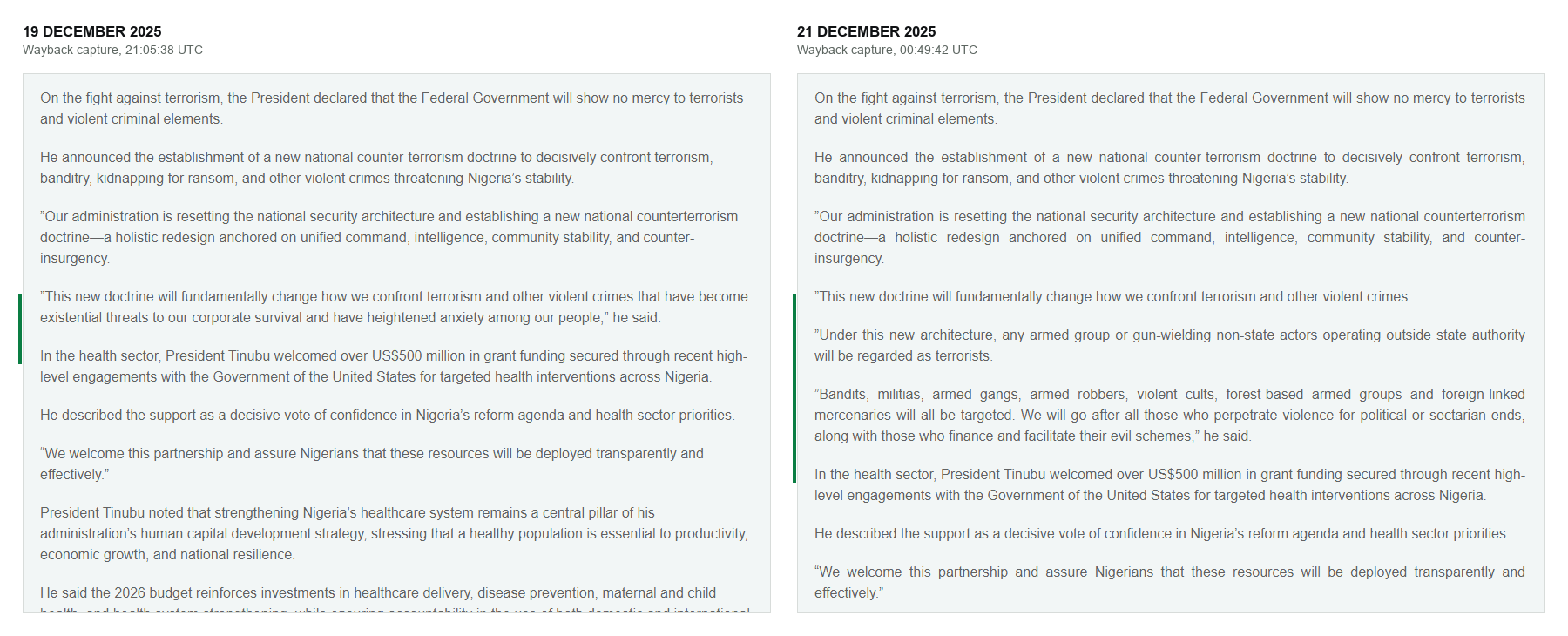 Document: the same passage of the same State House page in the captures of 19 and 21 December 2025, side by side, with the lines that differ marked