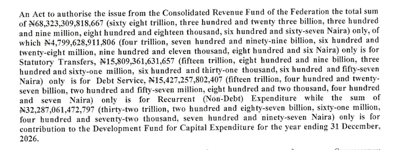 Document: the long title and section 1 of the signed 2026 Appropriation Act, giving the total as N68,323,309,818,667 with its four component heads