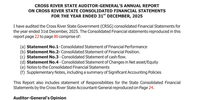 Document: the Auditor-General’s certificate on Cross River’s 2025 accounts, stating that the financial statements are reproduced in the report from page 22 to page 80