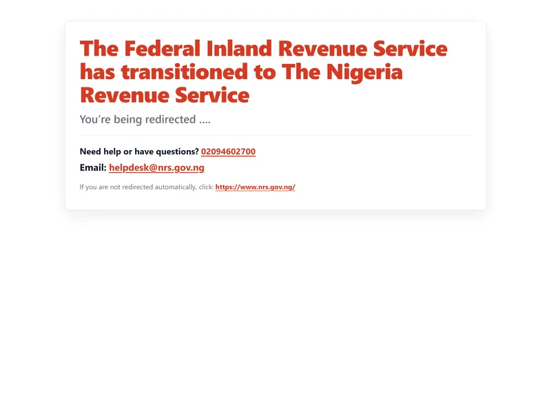 Document: the last archived capture of firs.gov.ng, showing the transition notice the domain served before it stopped answering altogether