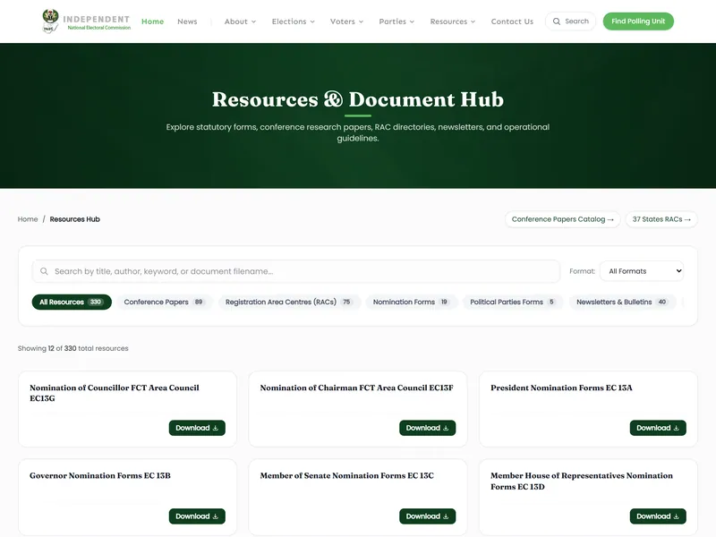 Document: INEC's replacement Resources and Document Hub as it stood on 27 September 2026, listing 330 items and no results category