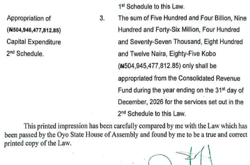 Document: section 3 of the Oyo State Appropriation Law 2026, stating Nine Hundred and Forty-Six Million in words against 945,477,812.85 in figures