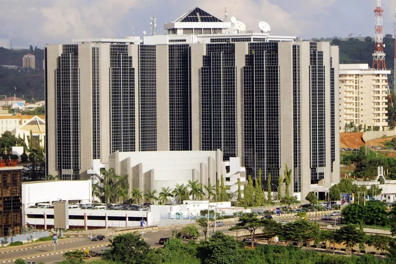The Central Bank of Nigeria headquarters in Abuja, a dark glass and stone tower block behind palm trees and a car park