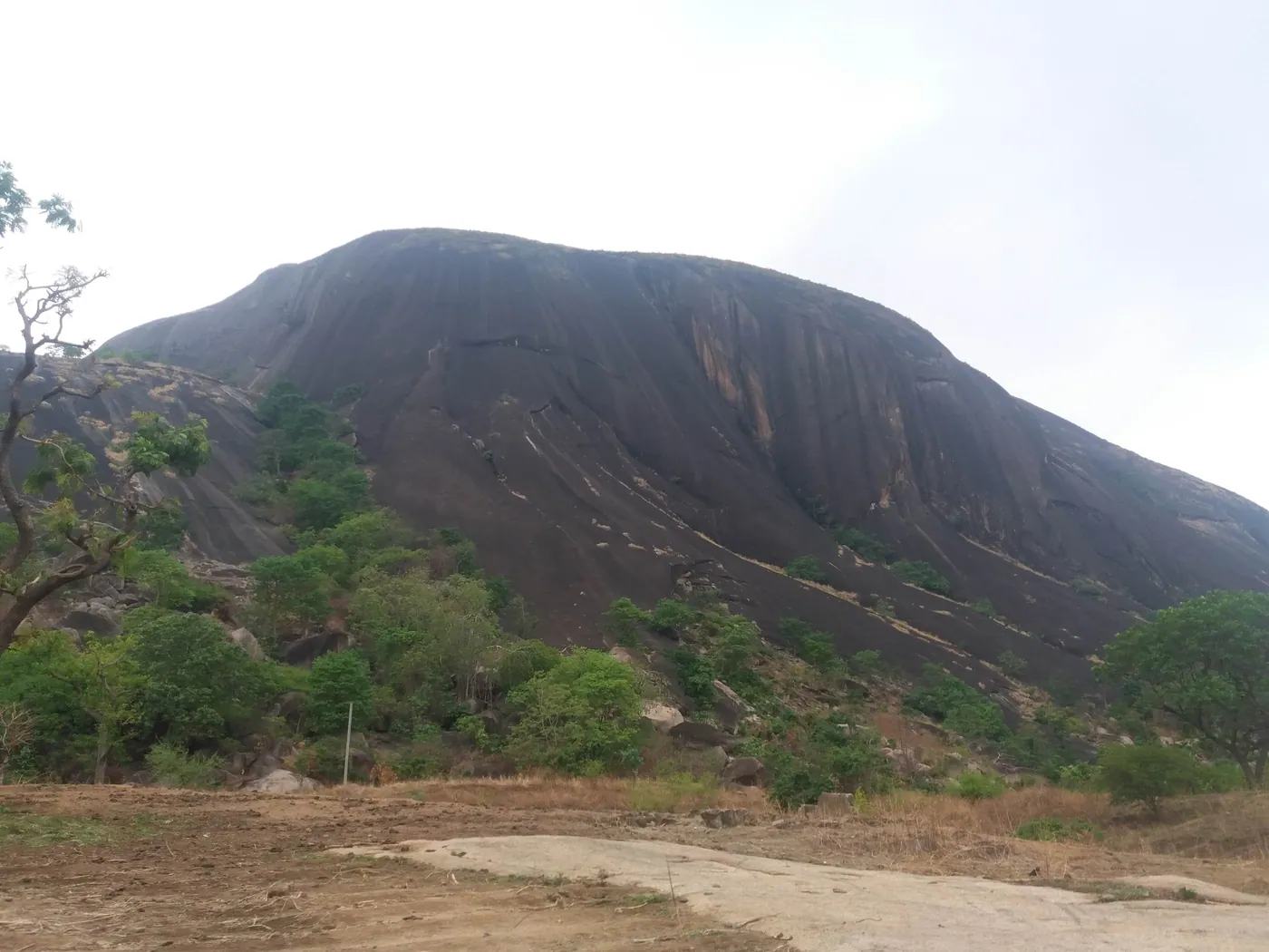 The bare granite face of Aso Rock in Abuja rising above trees and scrub under a pale sky