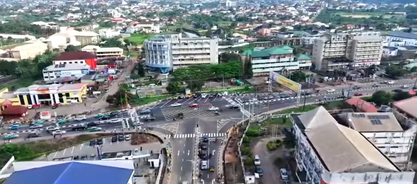 Aerial view of a road junction and office blocks in Akure, the Ondo State capital